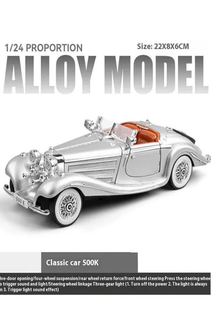 1/24 Scale Classic Mercedes-Benz 500K Diecast Alloy Model Car with Sounds and Lights (Silver) - Image 1