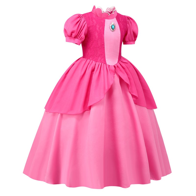 Explosions New Mario Girls' Dress Cosplay Brigitte Princess Lace Stitching Puff Sleeve Dress - Image 4