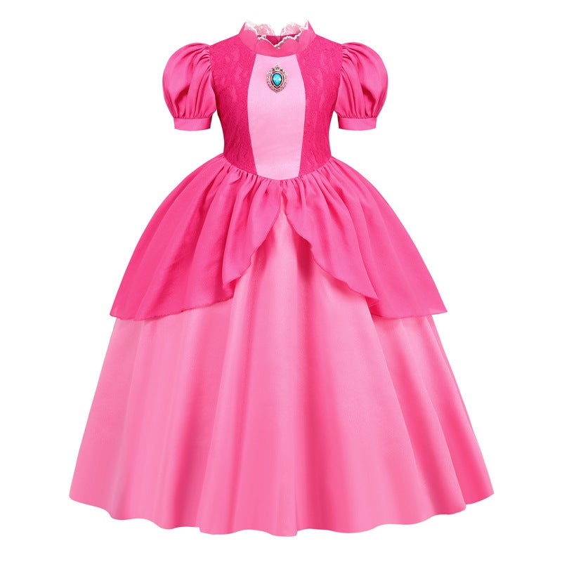 Explosions New Mario Girls' Dress Cosplay Brigitte Princess Lace Stitching Puff Sleeve Dress - Image 1