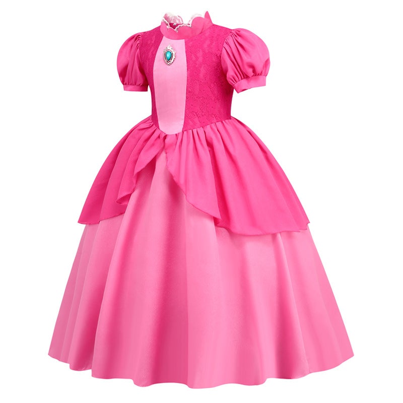 Explosions New Mario Girls' Dress Cosplay Brigitte Princess Lace Stitching Puff Sleeve Dress - Image 3
