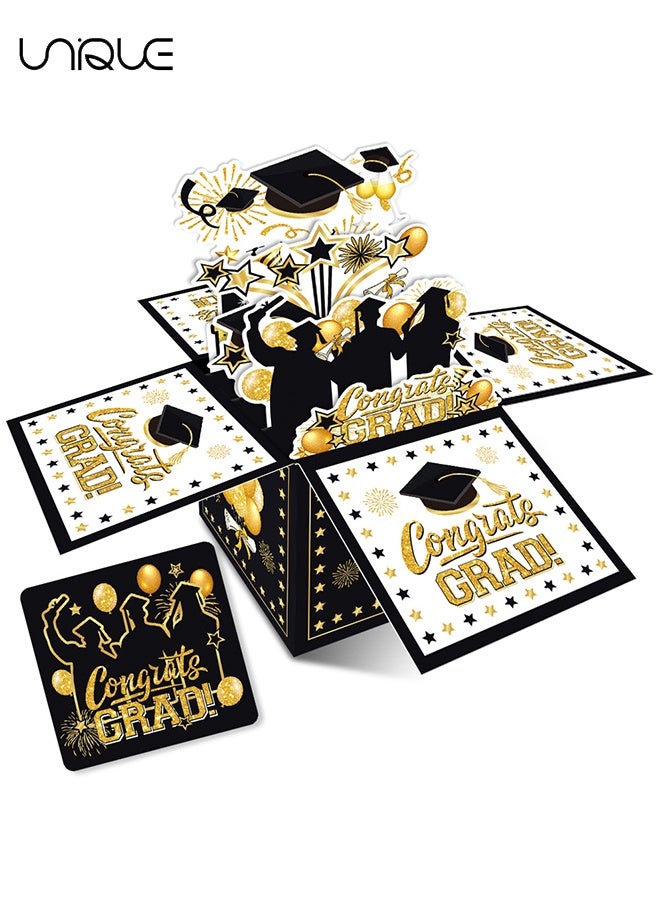 Unique Graduation Card with Envelope - 3D Pop-Up Card Box - Congratulations on Your Graduation Card - Suitable for Elementary, Middle, High School, and College Graduates' Party Supplies - Black/Gold - Image 1