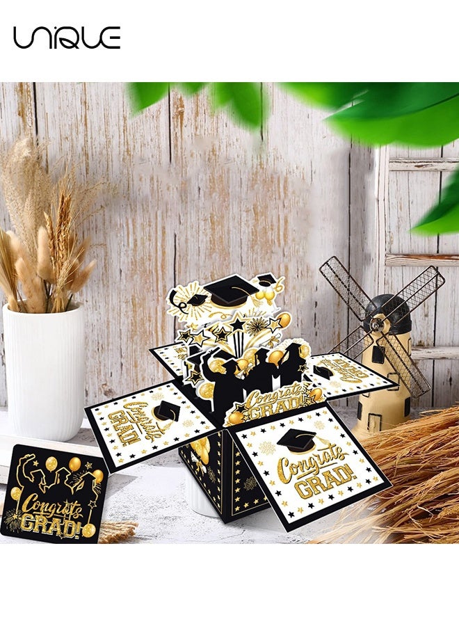 Unique Graduation Card with Envelope - 3D Pop-Up Card Box - Congratulations on Your Graduation Card - Suitable for Elementary, Middle, High School, and College Graduates' Party Supplies - Black/Gold - Image 3