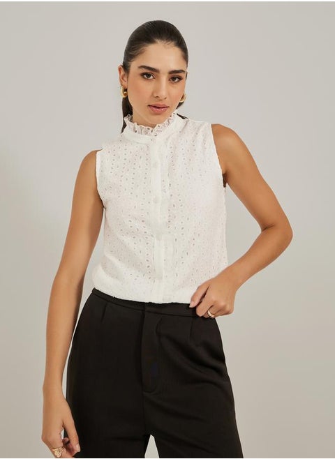 Schiffli Ruffled Neck Sleeveless Top