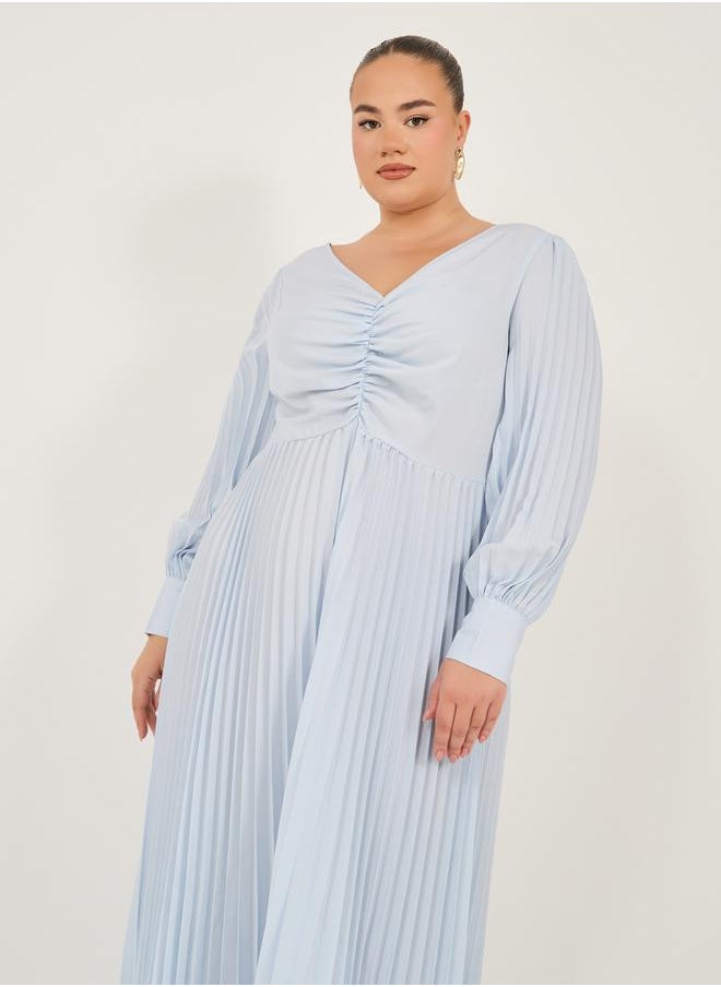 Styli - Plus Size Pleated Long Sleeves A-Line Maxi Dress - Image 1
