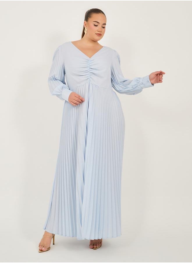 Styli - Plus Size Pleated Long Sleeves A-Line Maxi Dress - Image 1