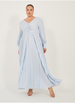 Plus Size Pleated Long Sleeves A-Line Maxi Dress