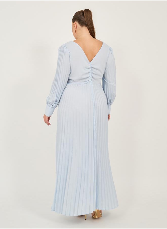 Styli - Plus Size Pleated Long Sleeves A-Line Maxi Dress - Image 1