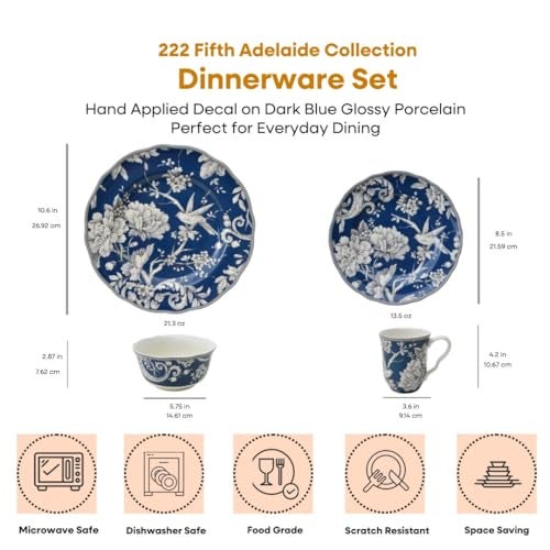 222 Fifth Adelaide 16-Piece Dark Blue Porcelain Dinnerware Set – Service for 4, Plate, Bowl & Mug Set, Bird & Floral Design, Everyday Big Dinner Plates and Bowls Sets, Microwave & Dishwasher Safe - Image 2
