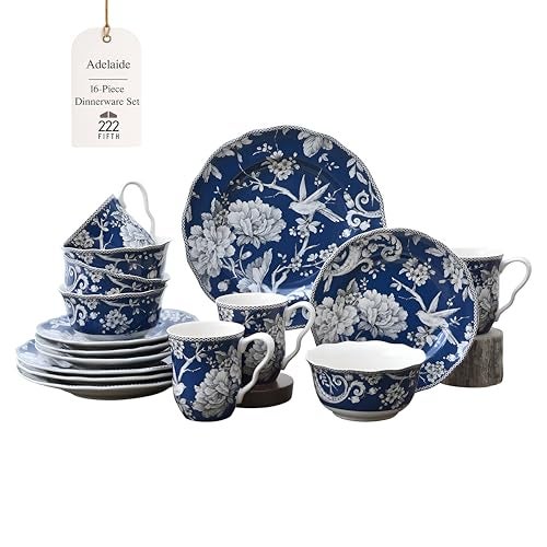 222 Fifth Adelaide 16-Piece Dark Blue Porcelain Dinnerware Set – Service for 4, Plate, Bowl & Mug Set, Bird & Floral Design, Everyday Big Dinner Plates and Bowls Sets, Microwave & Dishwasher Safe - Image 1