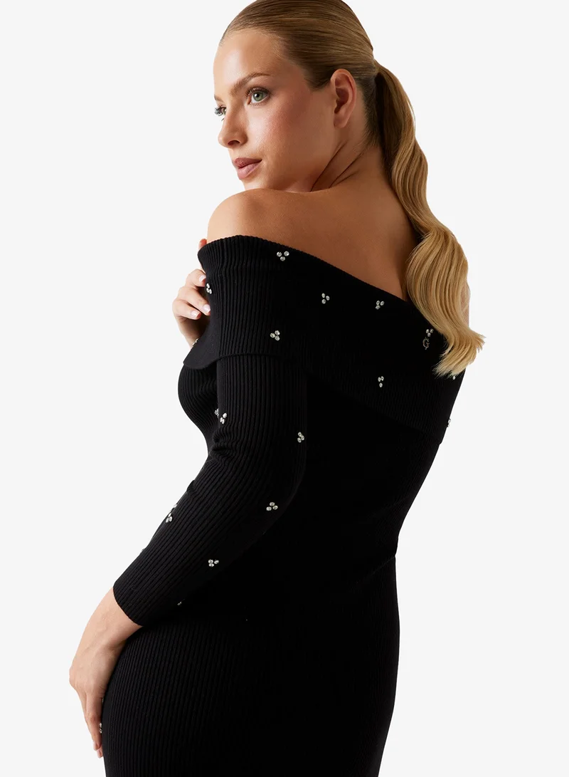 GUESS Long Sleeve Off Shoulder Alisha Rib Mini Dress