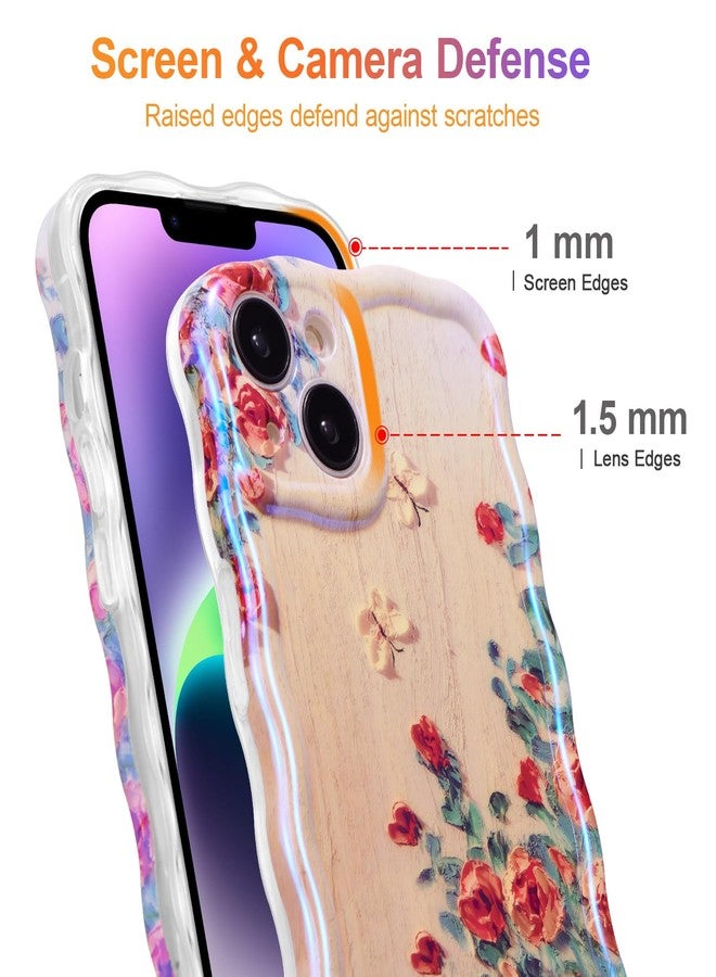 EYZUTAK جراب EYZUTAK لهاتف iPhone 13، بنمط زهور مطبوع عليه لوحة زيتية عتيقة ملونة، ونقشة أشعة ليزر لامعة، وحواف مموجة لطيفة، وغطاء هاتف أنيق ومتين من مادة TPU، مناسب للفتيات والسيدات - بيج - Image 4