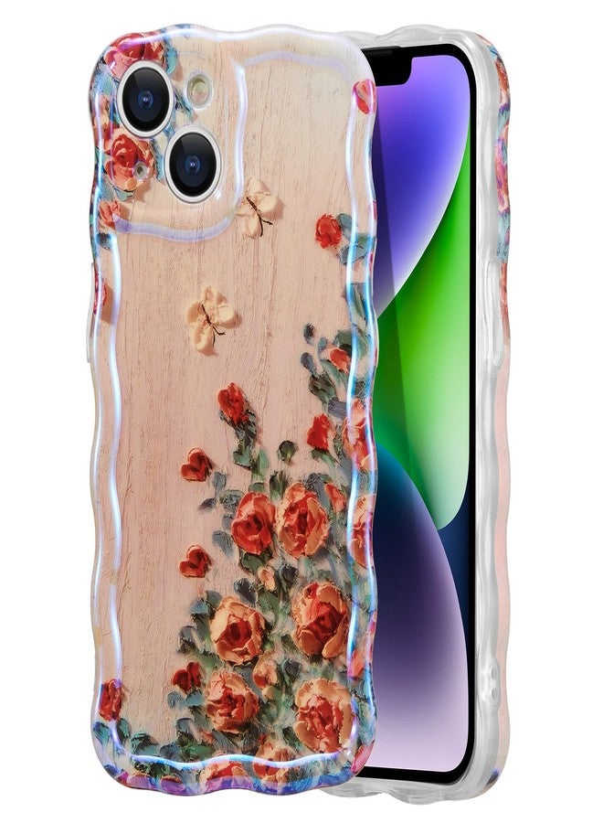 EYZUTAK جراب EYZUTAK لهاتف iPhone 13، بنمط زهور مطبوع عليه لوحة زيتية عتيقة ملونة، ونقشة أشعة ليزر لامعة، وحواف مموجة لطيفة، وغطاء هاتف أنيق ومتين من مادة TPU، مناسب للفتيات والسيدات - بيج - Image 1