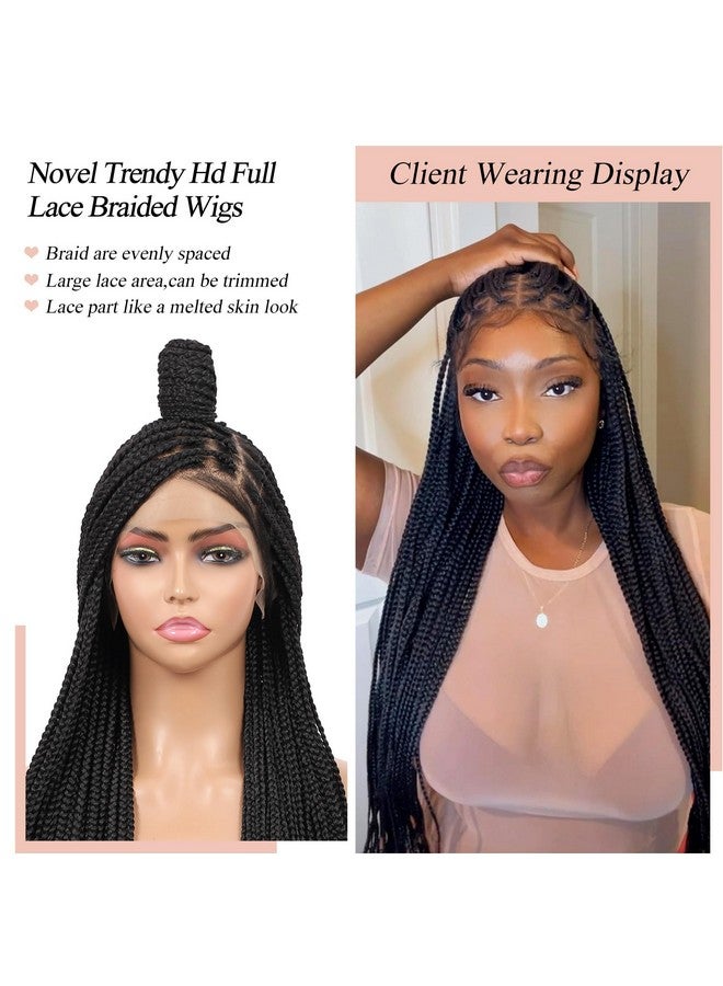 Lexqui 36 Inch 360° Hd Full Lace Braided Wigs For Women Knotless Box Braid Wig Braided Lace Front Wigs With Baby Hair Human Hair Blended Full Lace Braids Wig Black - Image 4