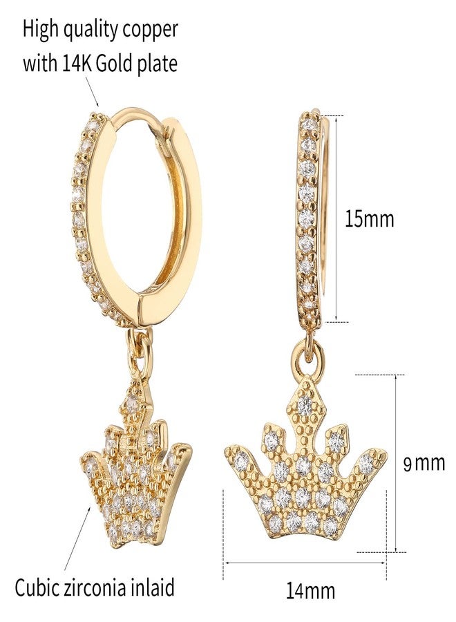 DS Crown Huggie hoop earrings for women,14K Gold Plated Dainty Minimalist Drop Dangle Pierced cartilage earlobe Earrings Classic Zircon Small Hoop Earrings Jewelry Gift for Wife Mom-Gold - Image 2