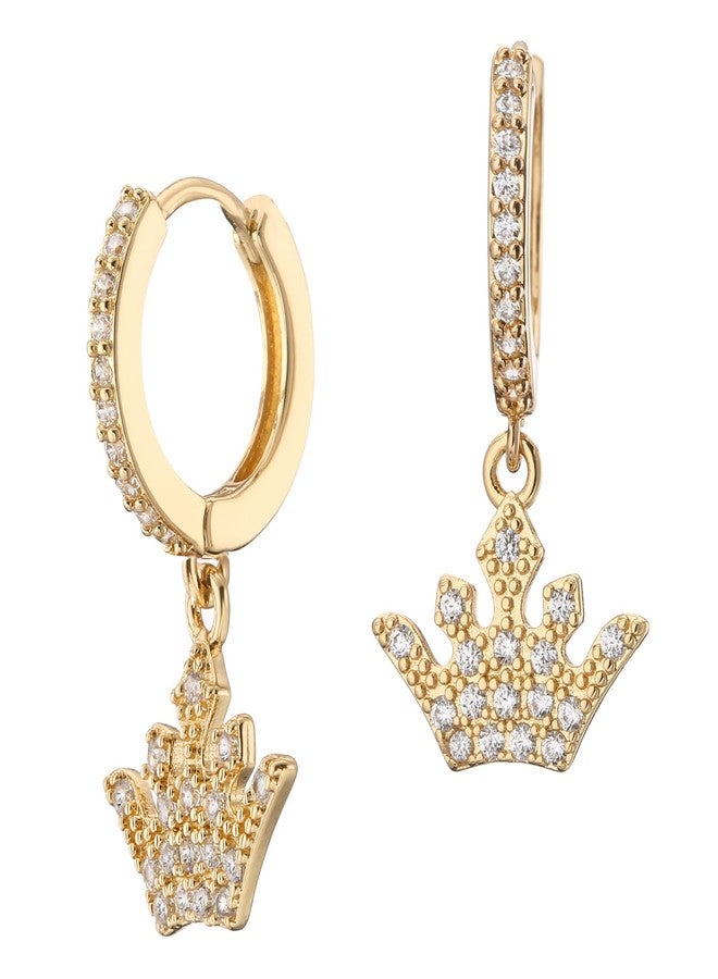 DS Crown Huggie hoop earrings for women,14K Gold Plated Dainty Minimalist Drop Dangle Pierced cartilage earlobe Earrings Classic Zircon Small Hoop Earrings Jewelry Gift for Wife Mom-Gold - Image 1