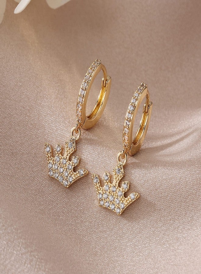 DS Crown Huggie hoop earrings for women,14K Gold Plated Dainty Minimalist Drop Dangle Pierced cartilage earlobe Earrings Classic Zircon Small Hoop Earrings Jewelry Gift for Wife Mom-Gold - Image 3