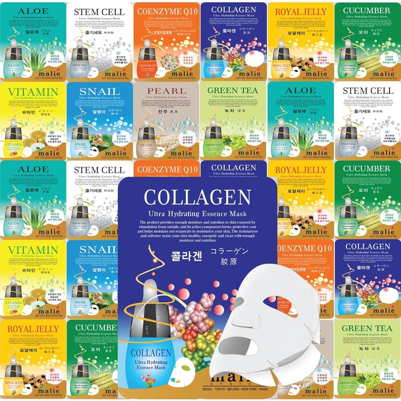 30 قطعة قناع إيسنس مرطب فائق، أوراق قناع وجه كورية (3 × 10 أنواع)، العناية بالبشرة المرطبة، العناية الجلدية