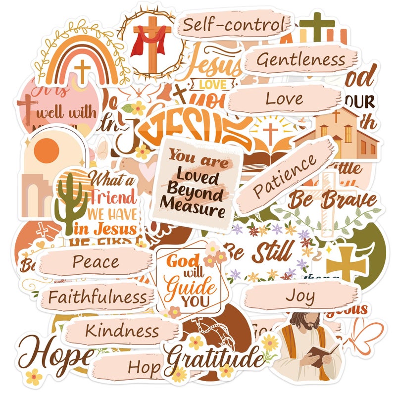 MENIFEND 50 Pcs Christian Faith Prayer Board Stickers, Boho Inspirational Bible Verse and Jesus Quote Stickers, Religious Vision Board Supplies and Kit for Faith Journaling and Planner Use - Image 1