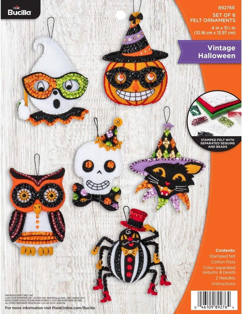 Bucilla 89276E Felt Applique Ornament Kit, Vintage Halloween, Set of 6 - Image 1