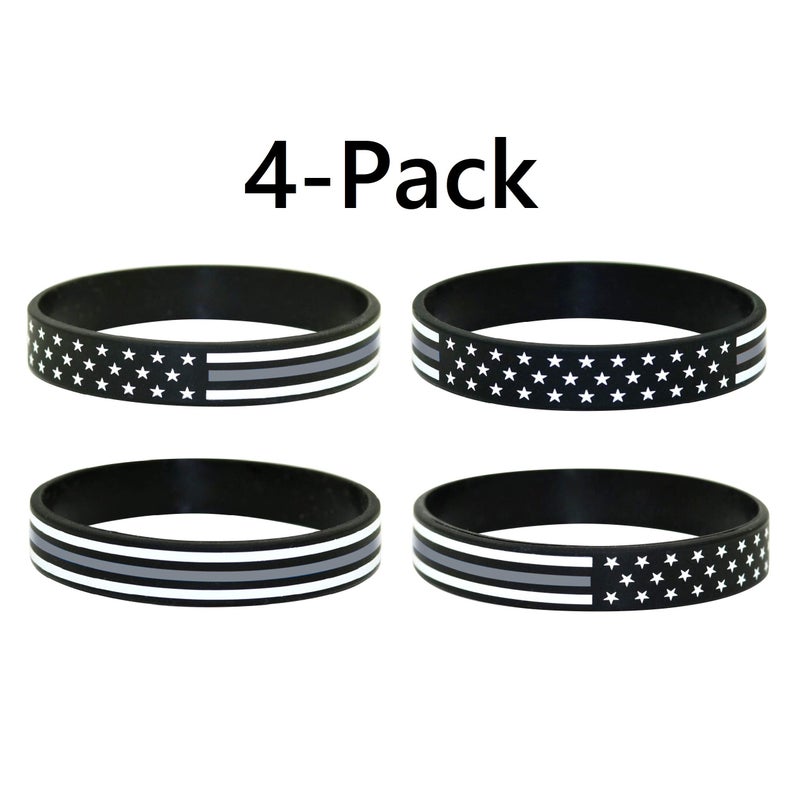Great 1 Thin Grey-Gray-Silver Line American Flag Silicone Stretchable Bracelet 4-Pack - Correctional Officer - Image 2