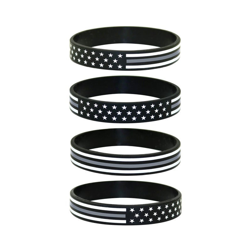 Great 1 Thin Grey-Gray-Silver Line American Flag Silicone Stretchable Bracelet 4-Pack - Correctional Officer - Image 1