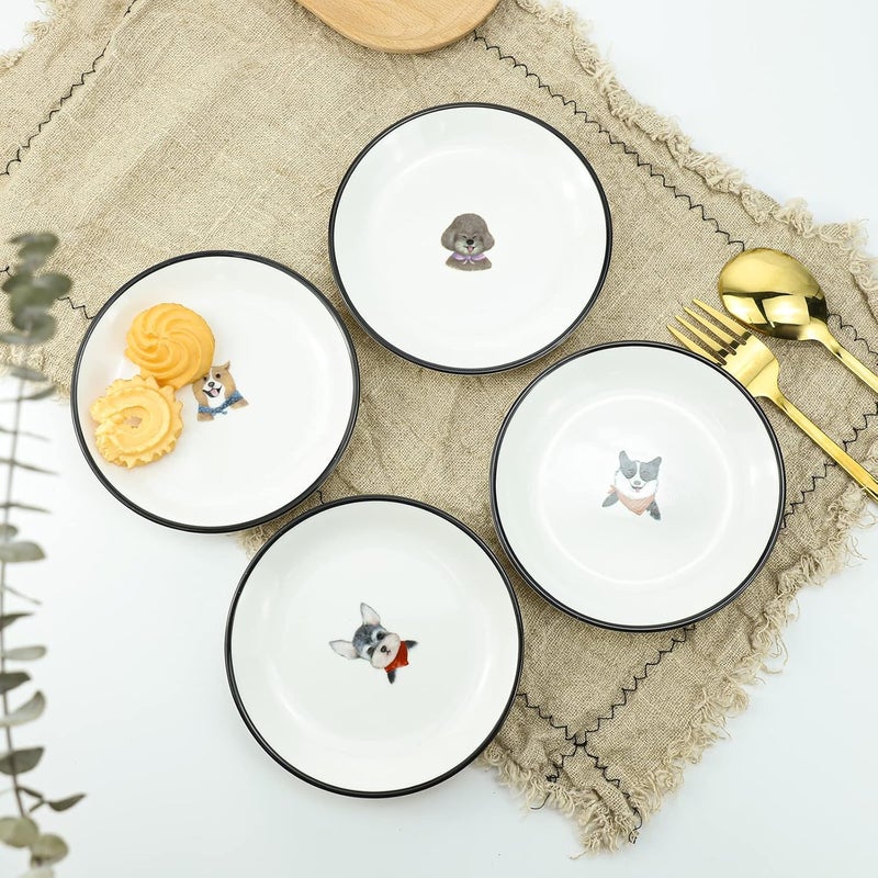 WAIT FLY WAIT FLY 5 Inches Funny Retro Dog Pattern with Brush Strokes Ceramics Seasoning DishesTea Bag HoldersKetchup SaucerAppetizer PlatesSeasoning Dipping Bowls Set of 4  - Image 3