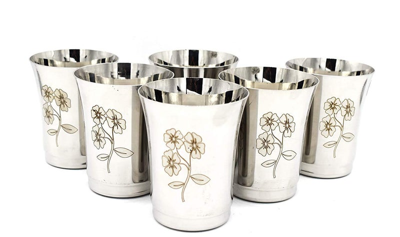 Truvic Stainless Steel Water Drinking Glass 6 Pieces Silver 300 ml Flower Print - Image 1