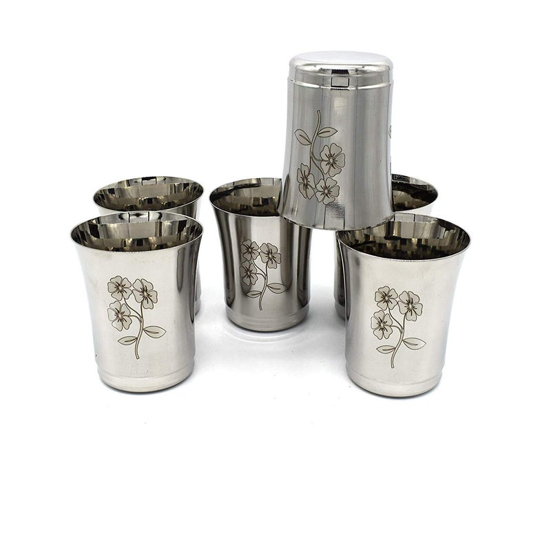 Truvic Stainless Steel Water Drinking Glass 6 Pieces Silver 300 ml Flower Print - Image 3