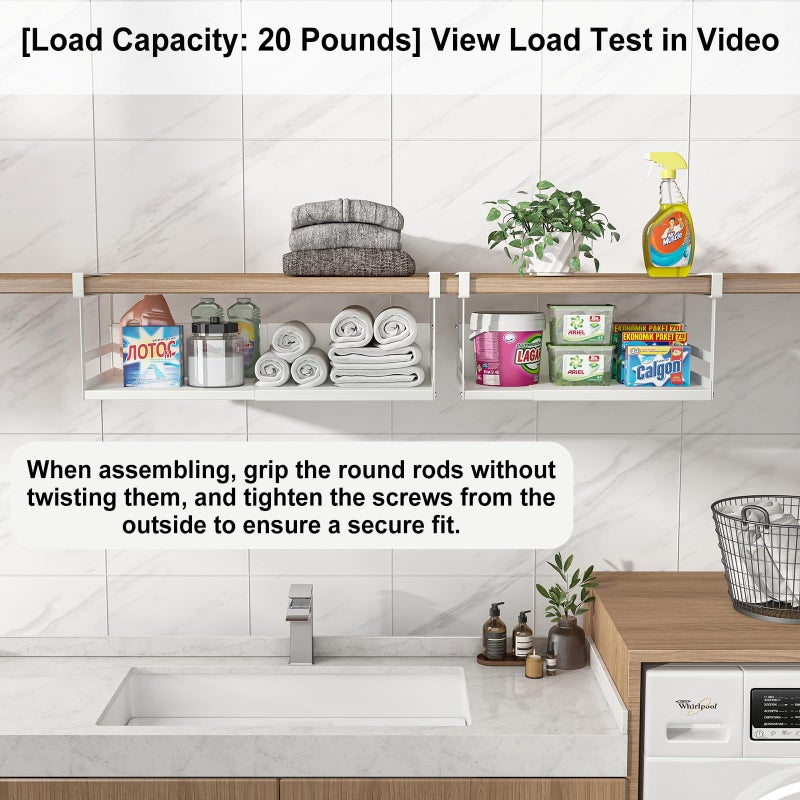 SHINEWON Expandable Under Cabinet Shelf Organizer with 0.94-Inch Thick Clips, Heavy Duty Extendable Under Shelf Storage Basket for Pantry or Laundry Room, White, 1 Pack, Interior: 4.13" H x 7.2" D - Image 4