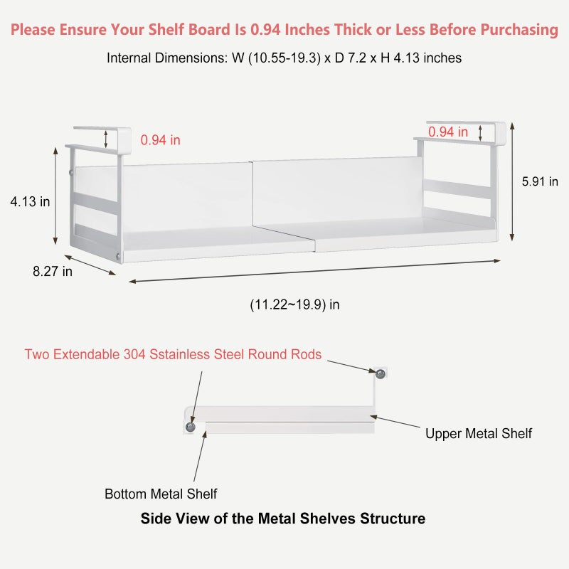 SHINEWON Expandable Under Cabinet Shelf Organizer with 0.94-Inch Thick Clips, Heavy Duty Extendable Under Shelf Storage Basket for Pantry or Laundry Room, White, 1 Pack, Interior: 4.13" H x 7.2" D - Image 2