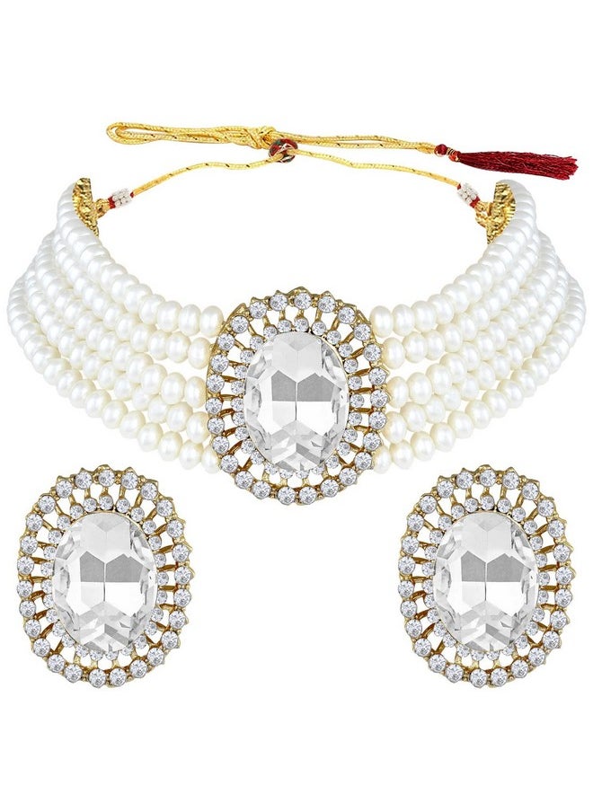 I Jewels - I Jewels Gold Plated Traditional Green Stone Studded Pearl Choker Necklace Jewellery Set For Women/Girls (ML316W) - Image 1