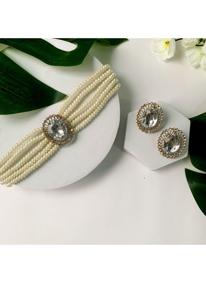 I Jewels - I Jewels Gold Plated Traditional Green Stone Studded Pearl Choker Necklace Jewellery Set For Women/Girls (ML316W) - Image 1