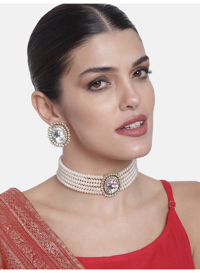 I Jewels - I Jewels Gold Plated Traditional Green Stone Studded Pearl Choker Necklace Jewellery Set For Women/Girls (ML316W) - Image 1