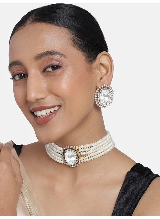 I Jewels - I Jewels Gold Plated Traditional Green Stone Studded Pearl Choker Necklace Jewellery Set For Women/Girls (ML316W) - Image 1