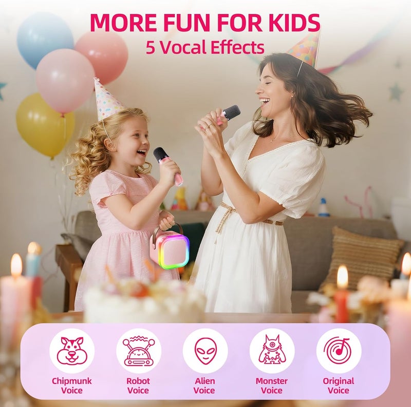 Kinglucky آلة كاريوكي مصغرة كينجلوكي للأطفال والكبار هدية (صغيرة لطيفة ومحمولة) مكبر صوت بلوتوث مع ميكروفون لاسلكي (صوت عالٍ) هدايا عيد ميلاد للفتيات من 3 إلى 12 عامًا ألعاب للأطفال الصغار - وردي - Image 3