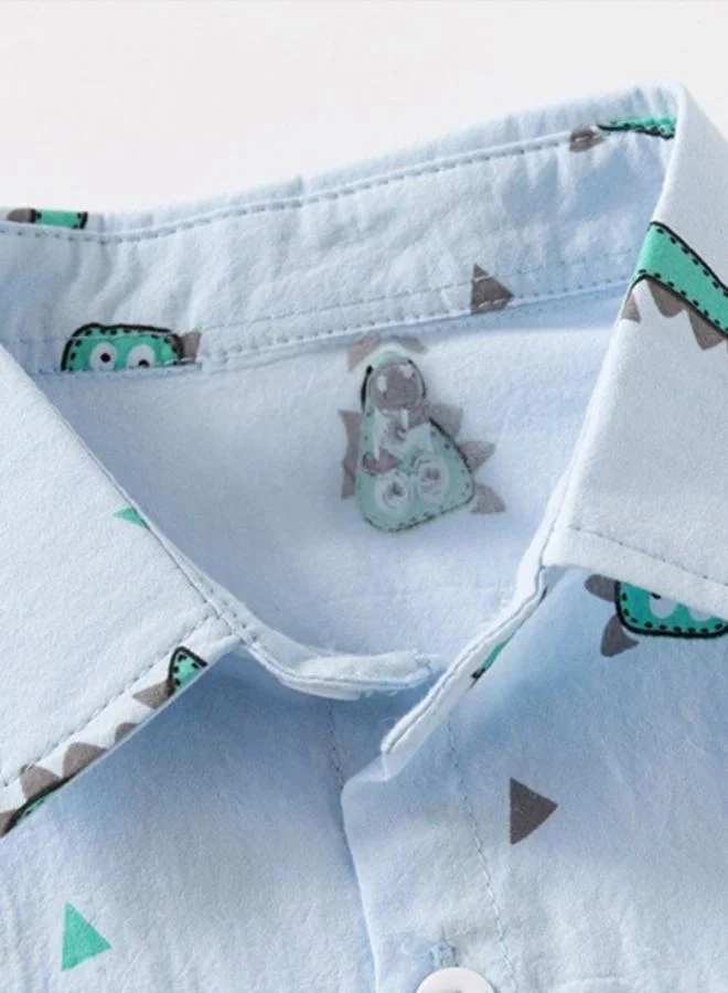 يونيكي Blue Collared Short Sleeve Printed Shirt