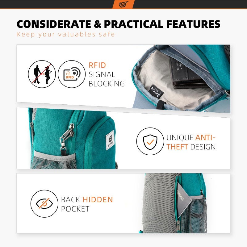 SKYSPER Sling Bag RFID Crossbody Sling Backpack Cross Body Shoulder Bag Travel Hiking Daypack for Women Men(Cyan) - Image 3