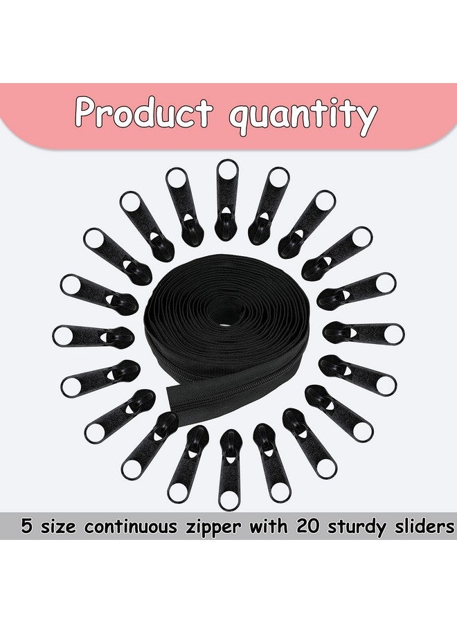 YAKA 5 Yards Bulk Zippers #5 Nylon Coil Zippers for Sewing Black Nylon Coil Zipper by The Yard with 20pcs Zipper Sliders for DIY Sewing Craft Bags and clothing - Image 3