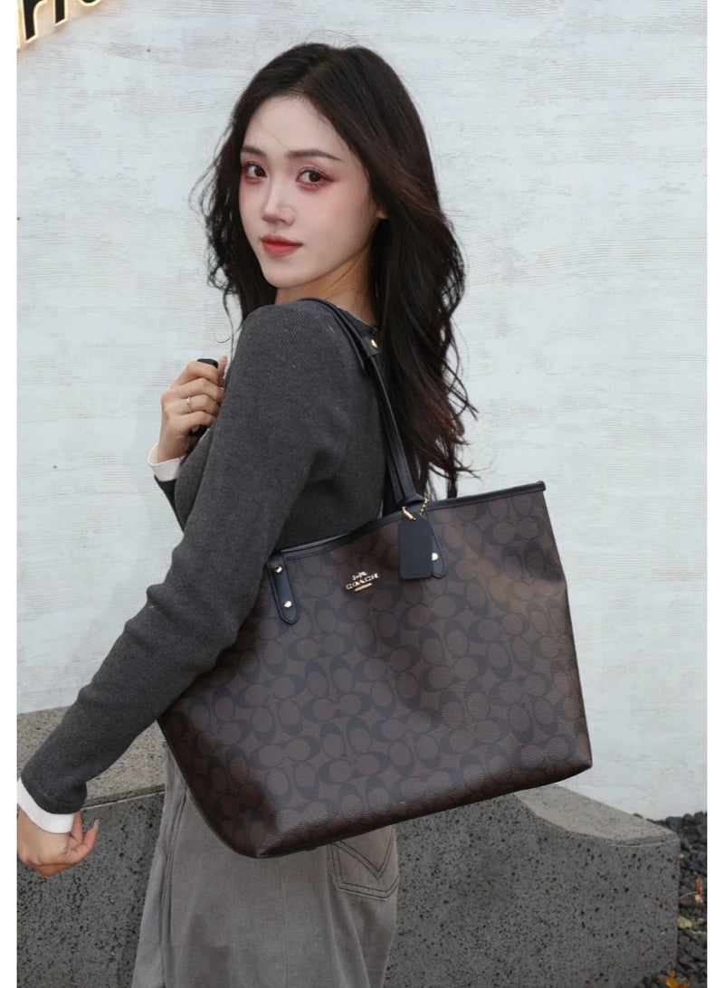 coachoutlet Coach City Tote Bag In Signature Canvas, Women's Cross Body Bag, Women's Hand Bag, Women's Shoulder Bag, Women's Travel Bag, Walnut-BlacK - Image 2