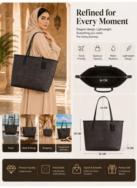 Tote Bag In Signature Canvas, Women's Cross Body Bag, Women's Hand Bag, Women's Shoulder Bag, Women's Travel Bag, Walnut-BlacK