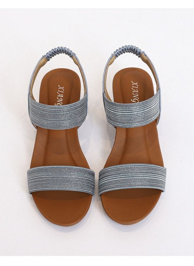 Loquat - Fashion One-Line Wedge Heel Sandals 5CM Blue - Image 1