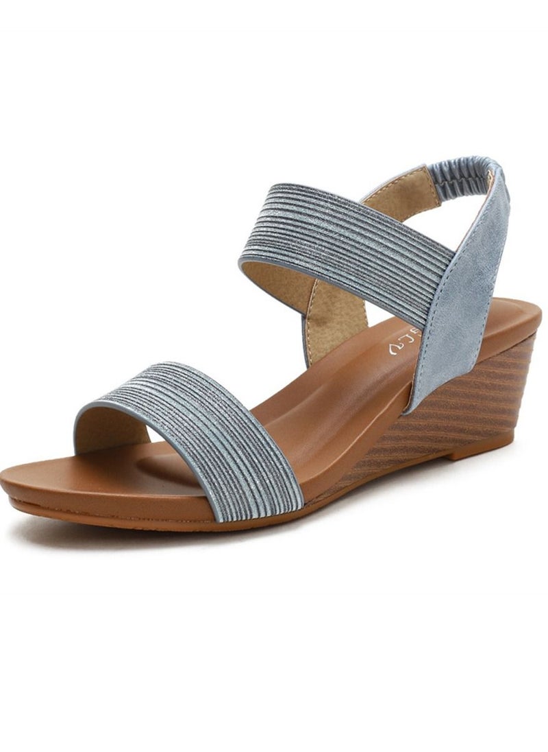 Loquat - Fashion One-Line Wedge Heel Sandals 5CM Blue - Image 1