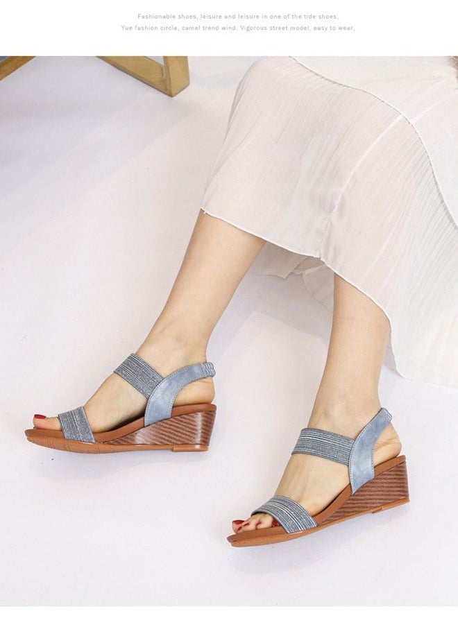 Loquat - Fashion One-Line Wedge Heel Sandals 5CM Blue - Image 1