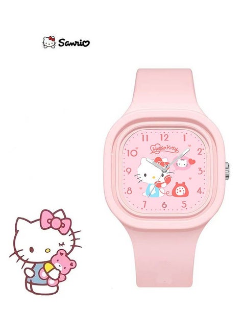 Pink Square Cartoon Sanrio Hello Kitty Pattern Children's Watch Silicone Strap Suitable for Kids of All Ages Gift Watch