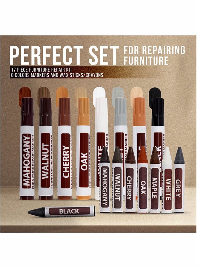 17-Piece Furniture Repair Kit, Wood Markers and Wax Sticks with Sharpener Kit for Stains, Scratches, Wood Floors, Tables, Carpenters, Bedposts, Touch Ups and Cover Ups - Image 2