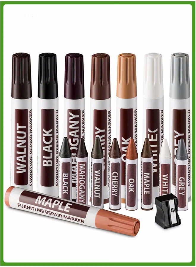 17-Piece Furniture Repair Kit, Wood Markers and Wax Sticks with Sharpener Kit for Stains, Scratches, Wood Floors, Tables, Carpenters, Bedposts, Touch Ups and Cover Ups - Image 1