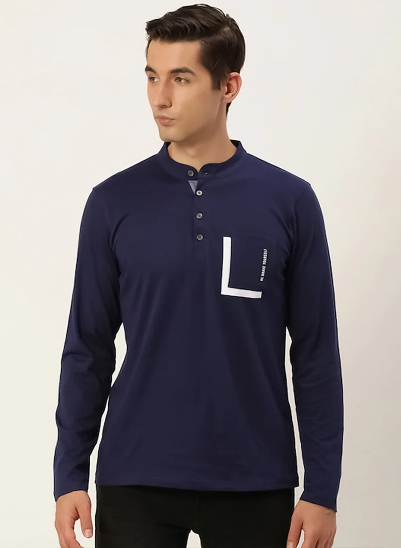 مانياك تيشيرت رجالي قطن ضيق بطبعة ياقة هينلي نصف كم كحلي