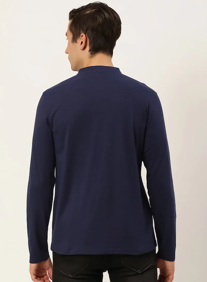 Maniac  Maniac Men Printed Henley Neck Half Sleeve Cotton Navy Slim Fit Tshirt for Men | Best Price UAE