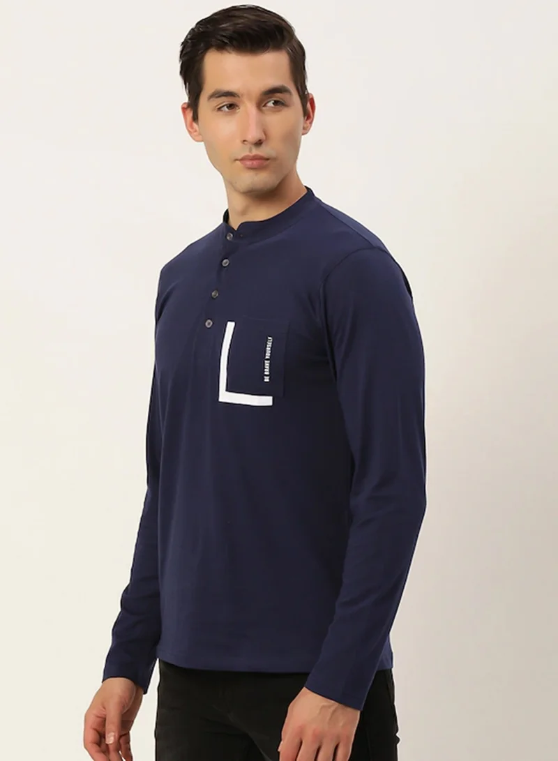 Maniac  Maniac Men Printed Henley Neck Half Sleeve Cotton Navy Slim Fit Tshirt for Men | Best Price UAE