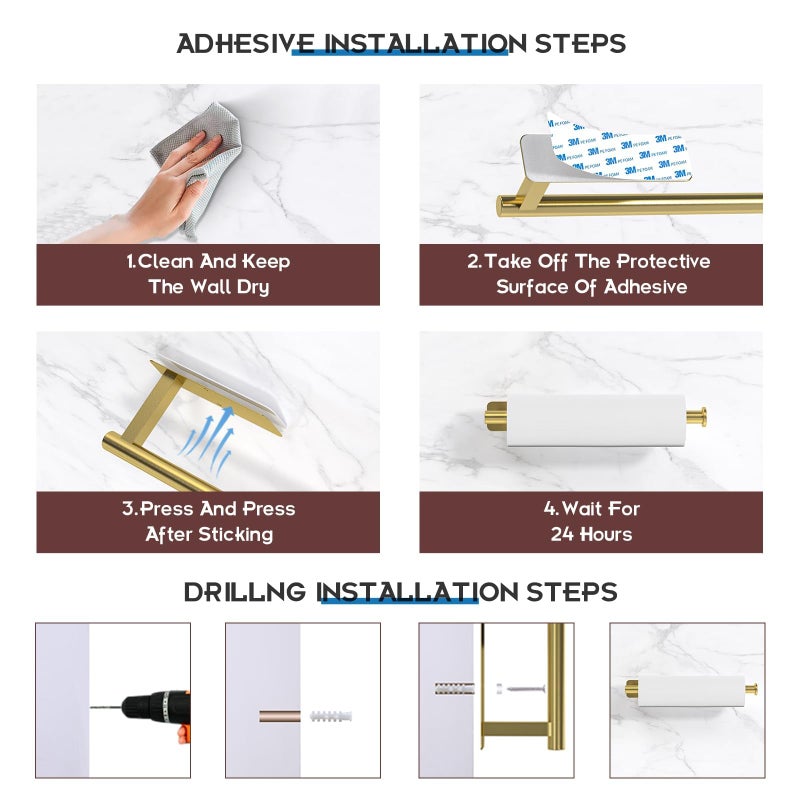 ASTOFLI Paper Towel Holder Under Cabinet No Drilling, Self Adhesive Paper Towel Holder Wall Mount for Kitchen Rack, Under Counter Napin Holder No Drill, RV, 304 Stainless Steel, Gold Brass - Image 5